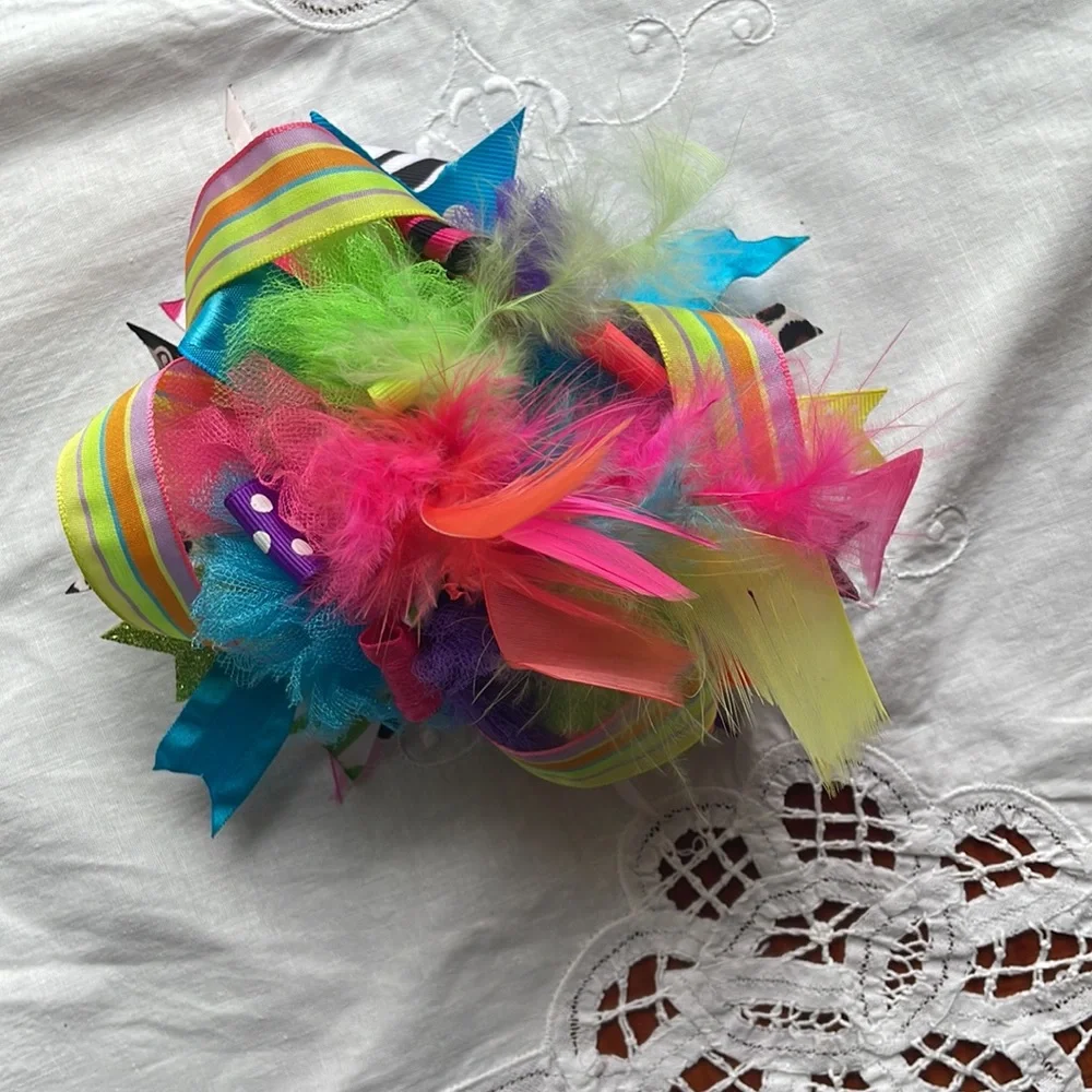 Girls Large Custom Boutique Hair Bow Feathers Rainbow Ribbon Zebra Polka Dot